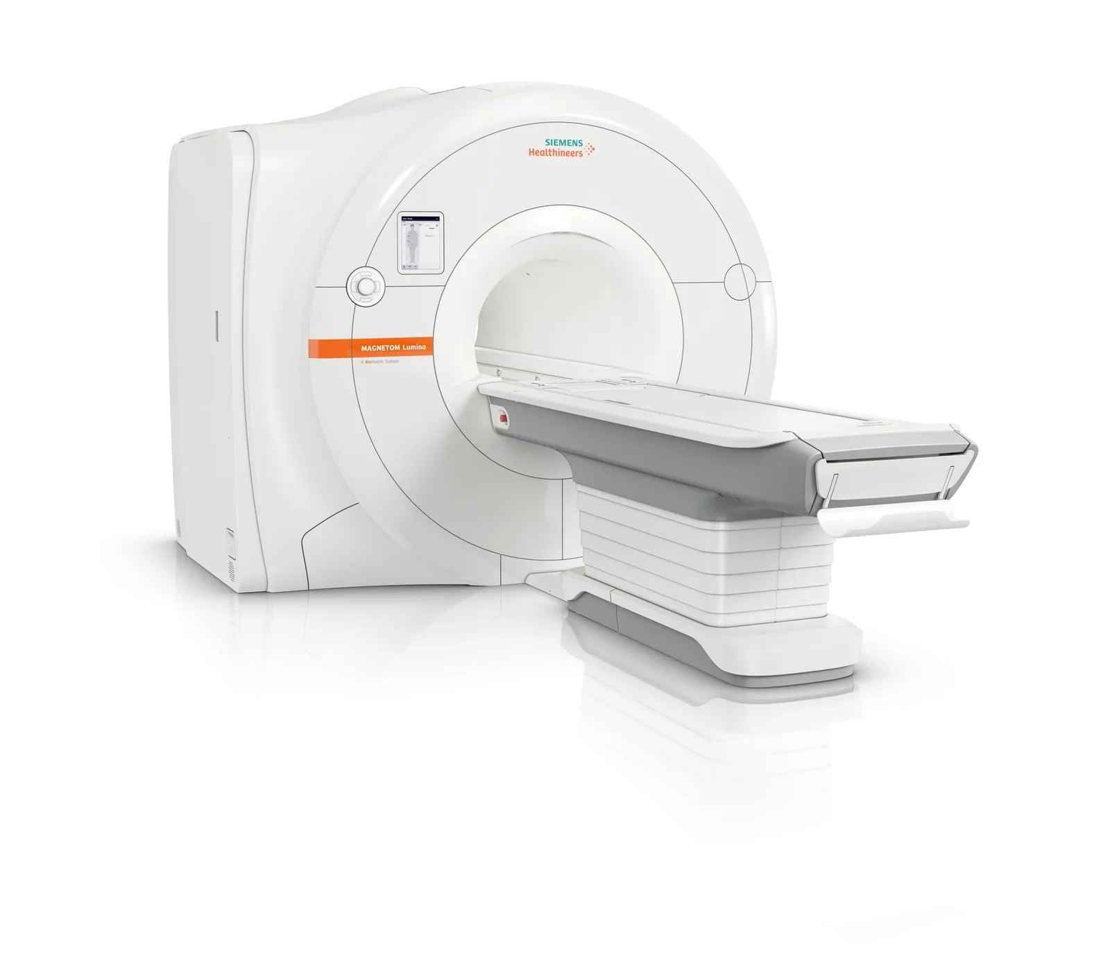 3.0T MRI 장비. 흰색 원통형 장비 앞으로 검사 테이블이 뻗어 있다