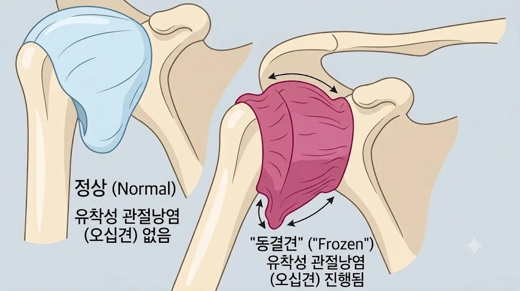 정상 어깨와 유착성 관절낭염 어깨의 관절낭 비교 모식도. 왼쪽 정상은 관절낭이 얇고 여유가 있으나 오른쪽은 두꺼워지고 쪼그라들어 있다