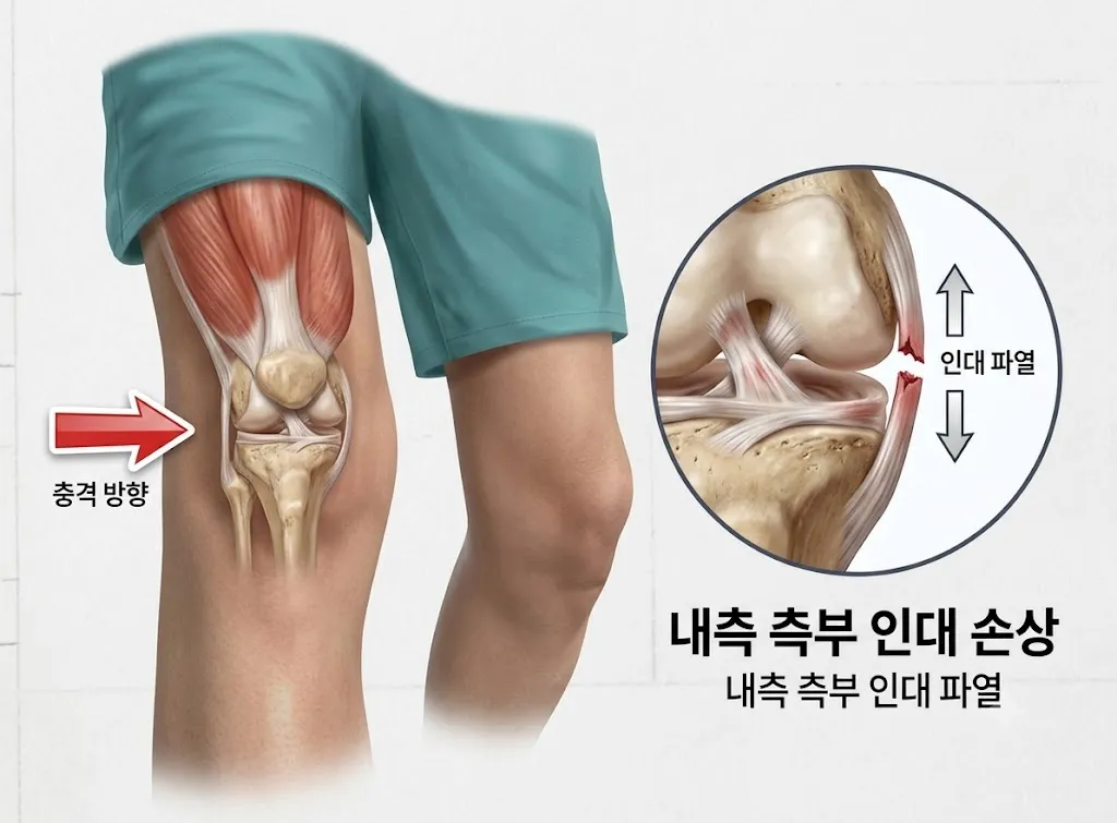 내측측부인대 손상 기전 모식도. 무릎 바깥쪽에서 안쪽으로 충격이 가해지면 무릎 안쪽이 벌어지면서 내측측부인대가 파열된다