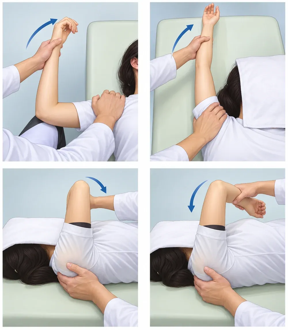 어깨 마취하 관절 수동술의 네 가지 조작 방향. 위쪽 두 장은 팔을 앞으로 들어 올리는 굴곡과 옆으로 들어 올리는 외전, 아래쪽 두 장은 팔을 90도 벌린 상태에서 팔뚝을 아래로 내리는 내회전과 머리 쪽으로 넘기는 외회전을 보여 준다. 네 장 모두 의사의 다른 손이 어깨뼈를 눌러 고정하고 있다